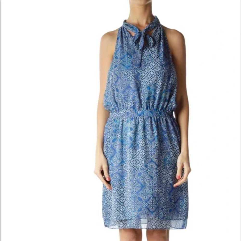 Banana Republic Blue Damask Tie Neck Halter Chiffon Dress